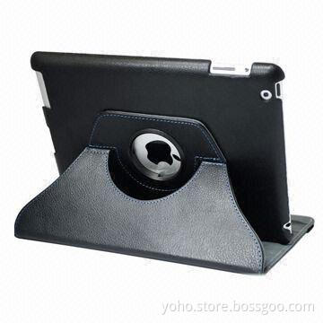 Black Leather Tablet Pouch/PC Case with Rotating Stand, for New iPad